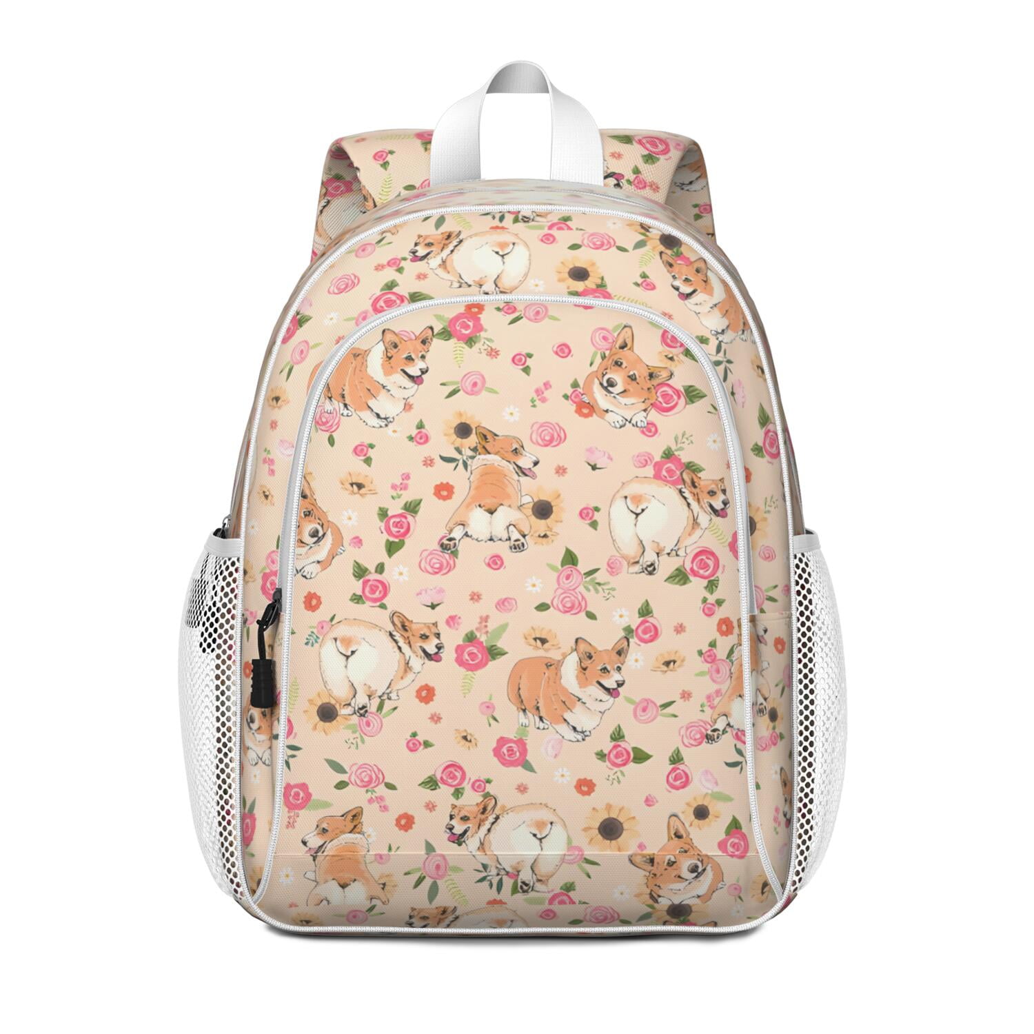 Corgi Dog and Flower Florals Backpack for School,Cute School Bag,Schoolbag with Adjustable Shoulder Straps & Padded Back,15"x11.42"x5.5"
