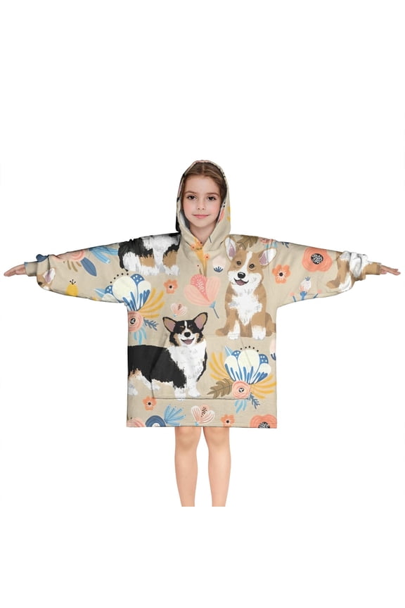 Corgi Dog and Flower Florals Blanket Hoodies for Kids 6-13YR Oversize Wearable Blanket Hoodies for Boys Girls Teens