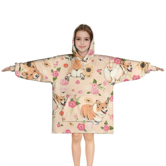 Corgi Dog and Flower Florals Blanket Hoodies for Kids 6-13YR Oversize Wearable Blanket Hoodies for Boys Girls Teens