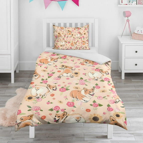 Corgi Dog and Flower Florals Duvet Cover and Pillowcase Set for Single Bedding, Bedroom Accessories for Kids Teens