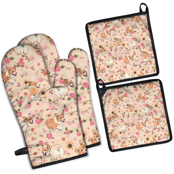 Corgi Dog and Flower Florals Kitchen Oven Mitt and Pot Holder Sets 4 Pcs for Baking, Cooking and Grilling, Heat Resistant Up To 392 °F