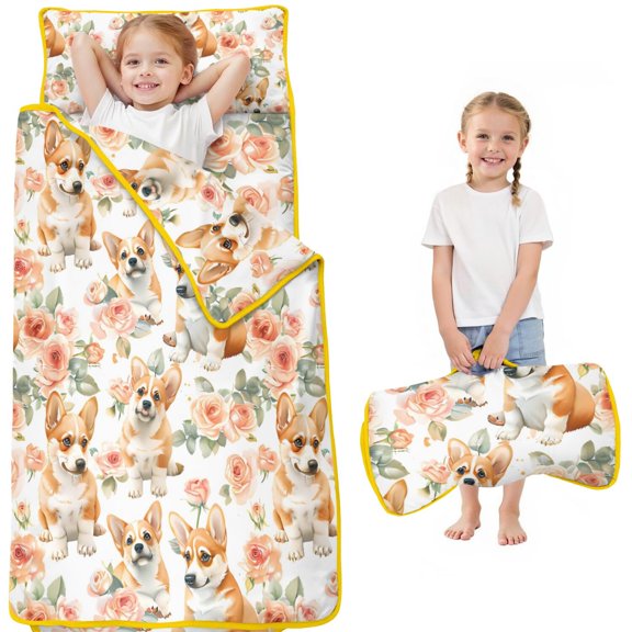 Corgi Dog and Flower Florals Toddler Nap Mats for Kids Preschool,Sleeping Mat Bag or Kids,Toddler Sleeping Bag,Toddler Nap Mat or Daycare