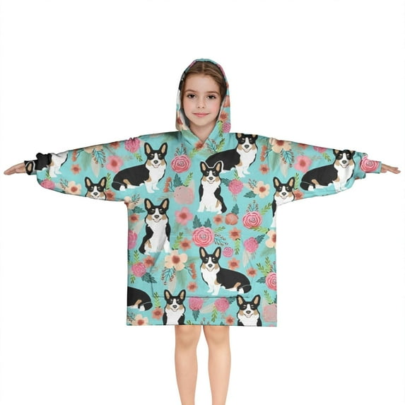 Corgi Dog and Flowers Blanket Hoodies for Kids 6-13YR Oversize Wearable Blanket Hoodies for Boys Girls Teens