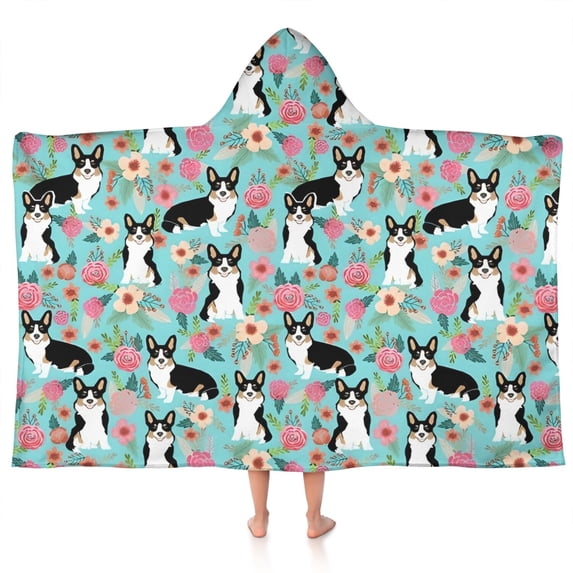 Corgi Dog and Flowers Hooded Bath Towel,50"x30" for Ages 3 To 12 Kids, Quick Dry Lightweight Soft Microfiber Hood Beach Towel Cover Up for Kids