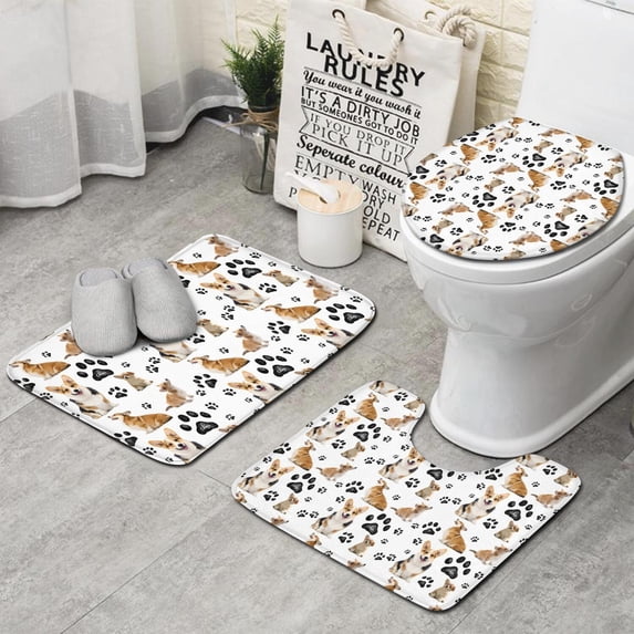 Corgi Dog and Footprints Bathroom Rugs Sets 3 Piece,Toilet Cover Set,Absorbent Non Slip Bathroom Mats Sets with U-Shaped Contour Rug Toilet Rug Set