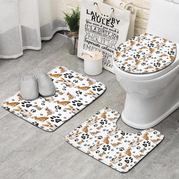 Corgi Dog and Footprints Bathroom Rugs Sets 3 Piece,Toilet Cover Set,Absorbent Non Slip Bathroom Mats Sets with U-Shaped Contour Rug Toilet Rug Set