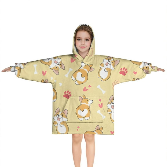 Corgi Dog and Footprints Blanket Hoodies for Kids 6-13YR Oversize Wearable Blanket Hoodies for Boys Girls Teens