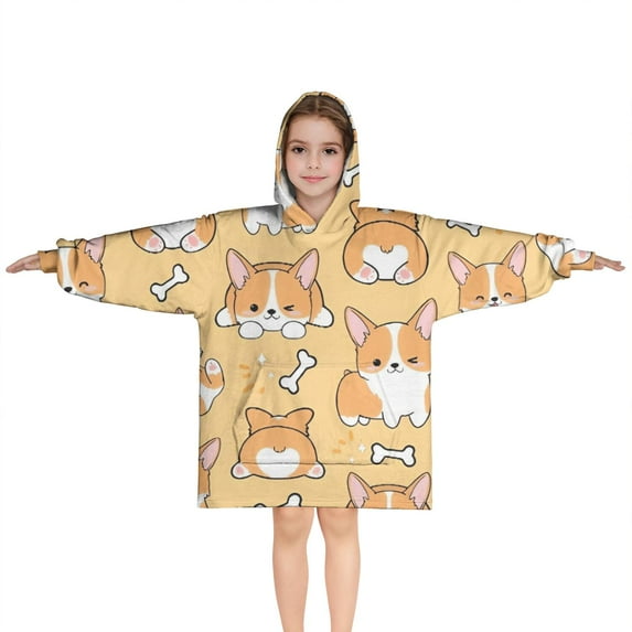 Corgi Dog and Footprints Blanket Hoodies for Kids 6-13YR Oversize Wearable Blanket Hoodies for Boys Girls Teens