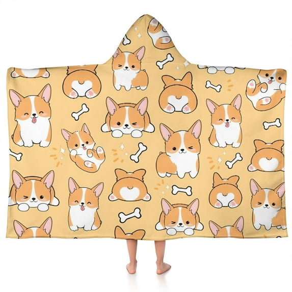 Corgi Dog and Footprints Hooded Bath Towel,50"x30" for Ages 3 To 12 Kids, Quick Dry Lightweight Soft Microfiber Hood Beach Towel Cover Up for Kids