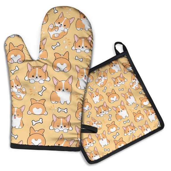 Corgi Dog and Footprints Kitchen Oven Mitt and Pot Holder Sets 2 Pcs for Baking, Cooking and Grilling, Heat Resistant Up To 392 °F