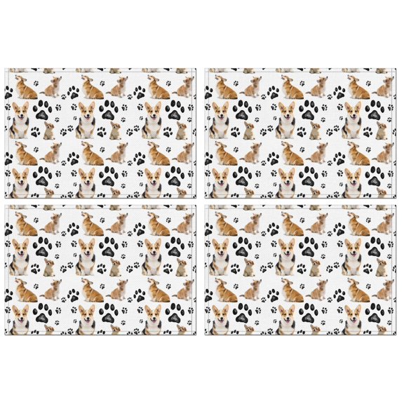 Corgi Dog and Footprints Summer Placemats Table Placemats Set Of 4-Linen Kitchen Washable Placemats Table Mats 11.8"x17.7"Non-Slip Heat Resistant