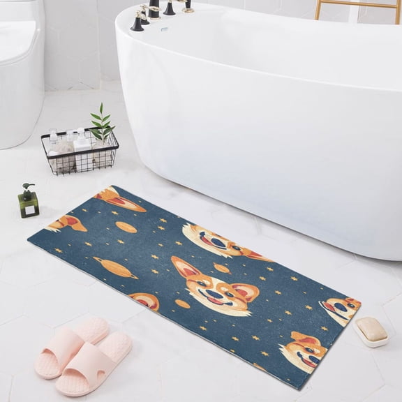 Corgi Dog and Planet Bath Mat 39x20 Non-Slip Bathroom Rugs Absorbent Soft Plush Quick Dry for Tub Shower Kitchen Home Decor