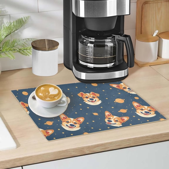 Corgi Dog and Planet Dish Drying Mat 12"x18" Kitchen Counter Dish Pad Microfiber Absorbent Drainer Rack for Coffee Bar