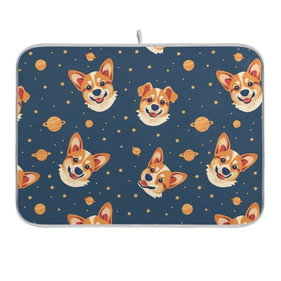 Corgi Dog and Planet Dish Drying Mat 16x18 Absorbent Microfiber Draining Rack Pad for Kitchen Counter Sink