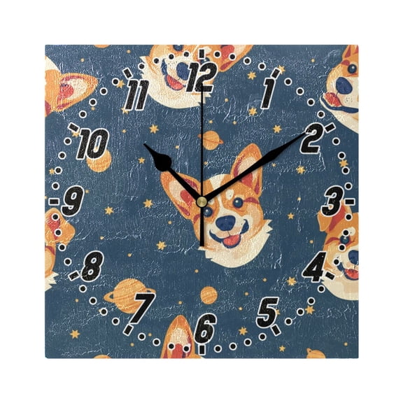 Corgi Dog and Planet Wall Clock Battery Operated Silent Non-Ticking Bedroom Office Kitchen Home School Decor 7.8"(Black)