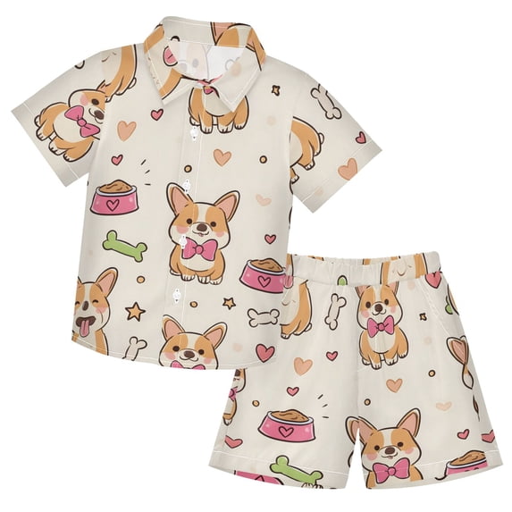 Corgi Dog with Bones Pattern Boys' Hawaiian Shorts Sets Button Down ...