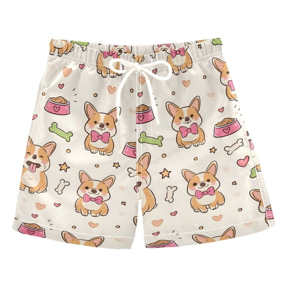 Corgi Dog with Bones Pattern Swim Trunks Quick Dry Beach Pool Board Shorts Lightweight Stylish Print Sizes 2T to XL
