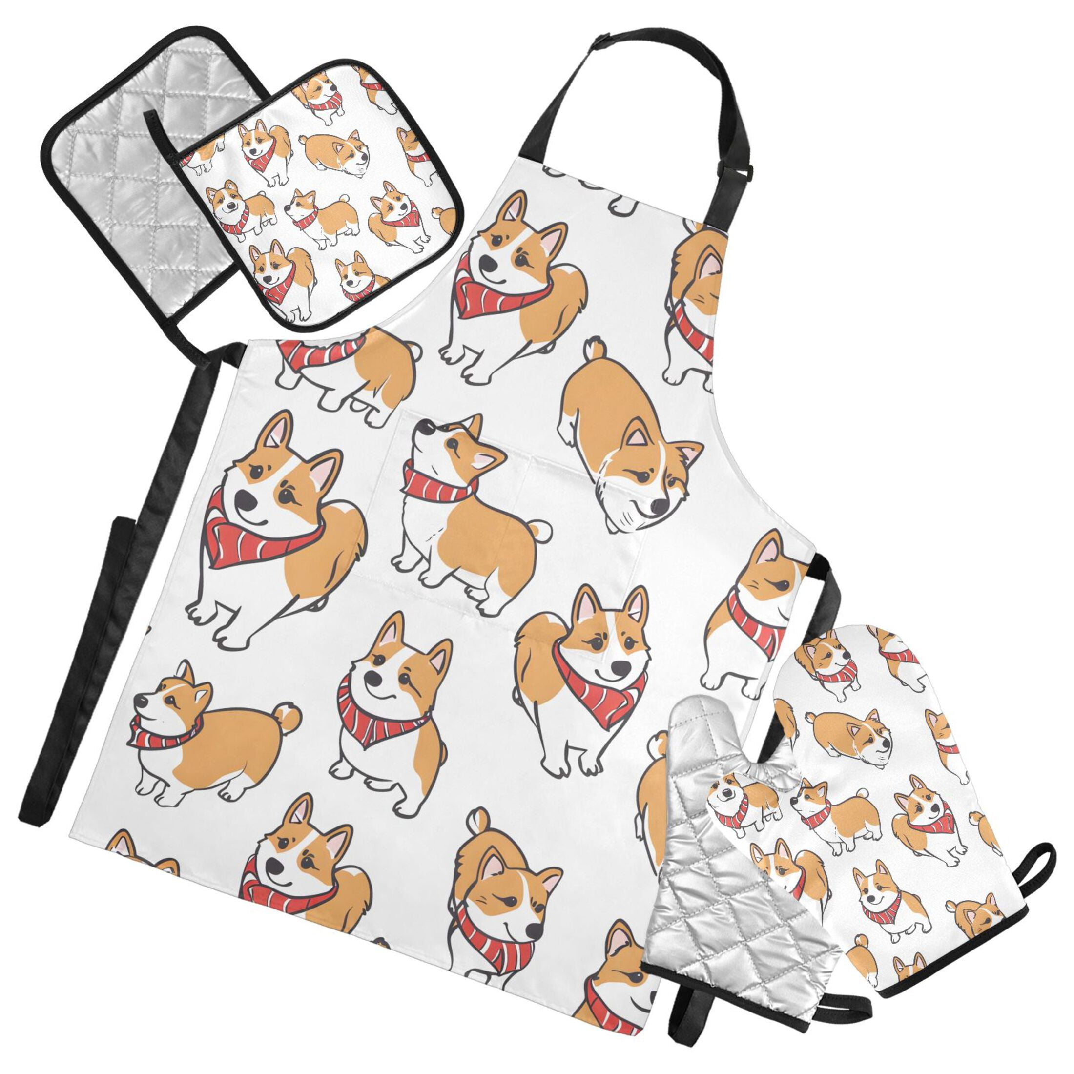 Corgi Dog with Scarves 5 Pcs Kitchen Set Heat Resistant Oven Mitts and Non-Slip Pot Holders with Adjustable Cooking Apron