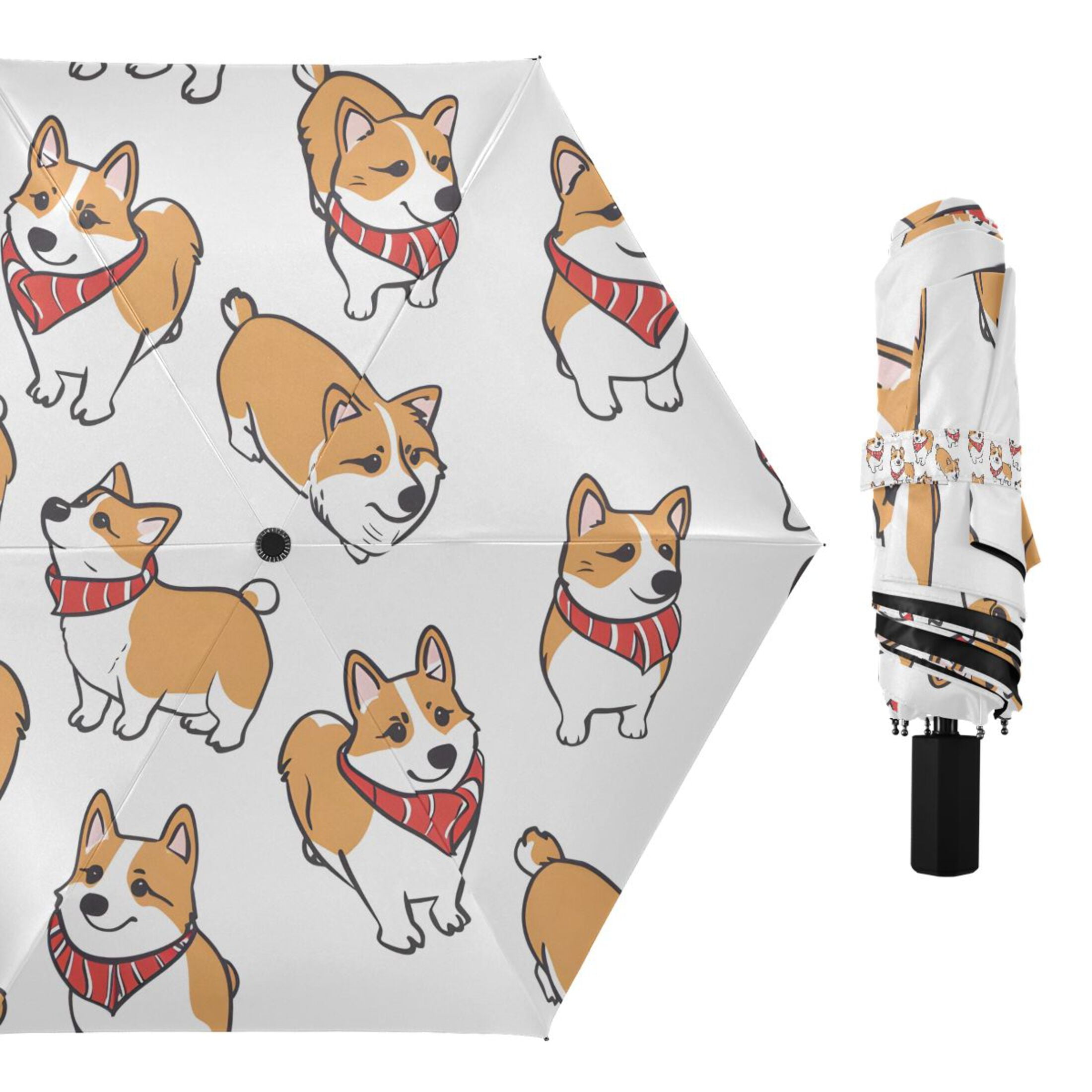 Corgi Dog with Scarves Compact Sun Umbrella Windproof Travel Umbrellas for Rain Strong Portable UV Protection