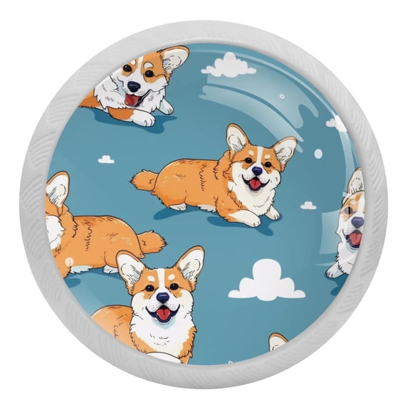 Corgi Dogs Cloud on Blue Glow in The Dark Crystal Glass Cabinet Knobs 4 Pcs Drawer Handles for Kitchen Cabinets Dresser Cupboard Wardrobe