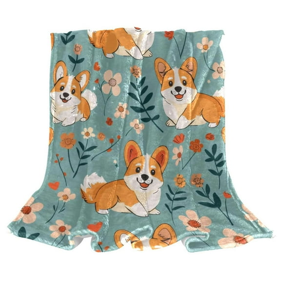 Corgi Dogs and Florals Soft Throw Blanket Cozy Fleece Sofa Bed Couch Blankets for Winter & All Season, 40x60 inches