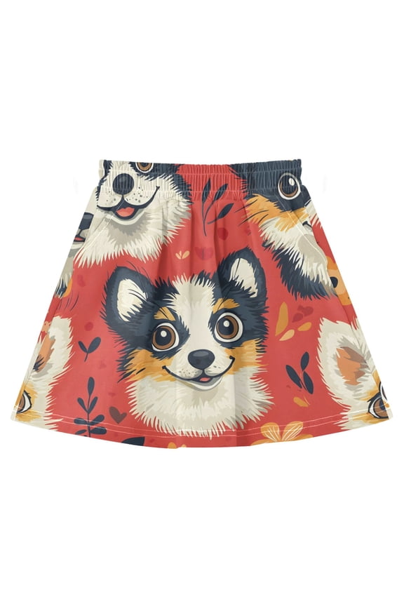 Corgi Face Floral Pattern Cotton Skirt Built-in Liner Elastic A-Line Flared Skirt with Pockets
