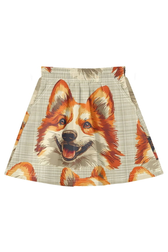 Corgi Face Pattern Cotton Skirt Built-in Liner Elastic A-Line Flared Skirt with Pockets