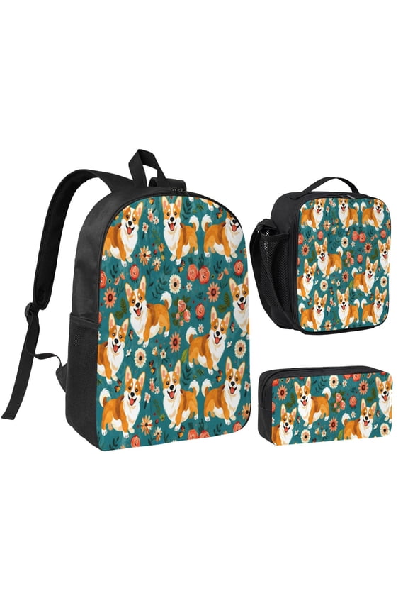 Corgi Floral Backpack Set 3pc Including Backpack, Lunch Bag and Pen Bag Combination