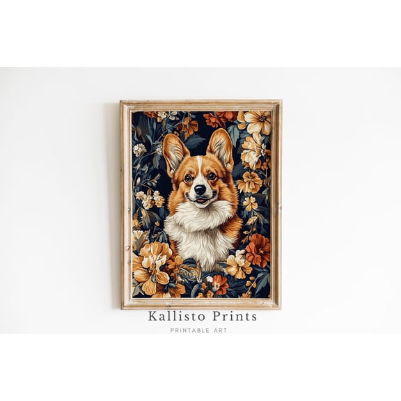 Corgi Floral Wall Art Print Poster, Cute Dog Lover Gift, Pet Portrait , Cozy Cottagecore Decor 979, Size 12x18 UNFFRAMED F03.1.6l2099