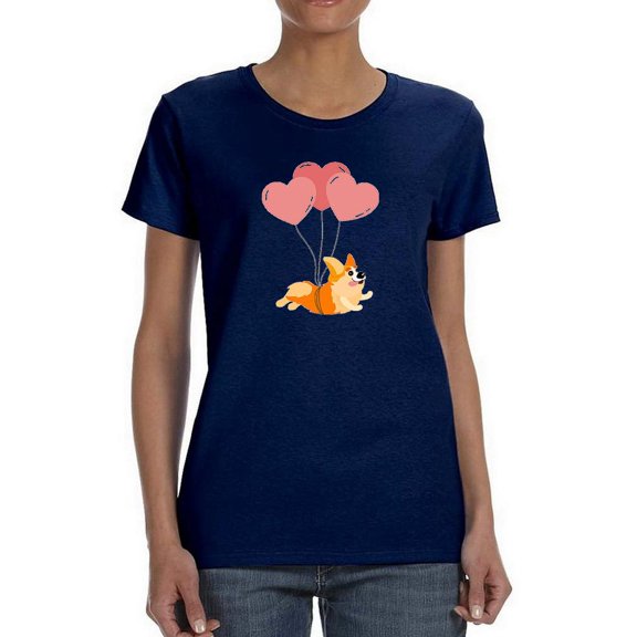 Corgi Flying W Balloons T-Shirt Women -Image by Shutterstock, Female Large