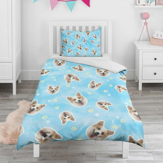 Corgi Footprint Duvet Cover and Pillowcase Set for Single Bedding, Bedroom Accessories for Kids Teens