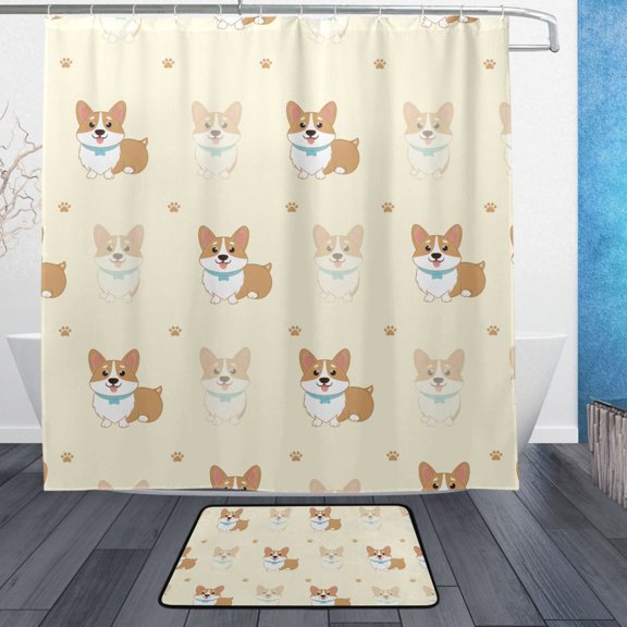 Corgi Footprints Bathroom Accessory Sets Waterproof Shower Curtain with Absorbent Non-Slip Rug
