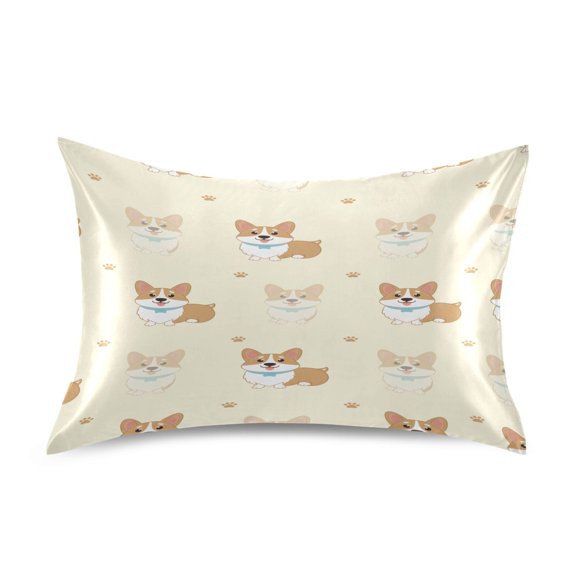 Corgi Footprints King Size Satin Pillowcase 40''x20'' Double-Sided Print Soft Wrinkle Resistant