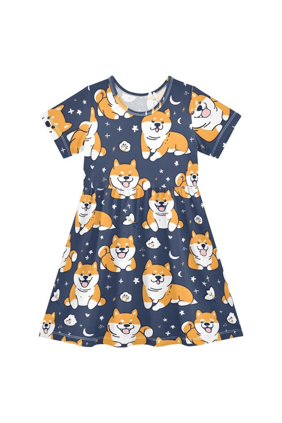 Corgi Girls Short Sleeve Dress A Line Sun Protection Breathable Comfort Sundress 4T