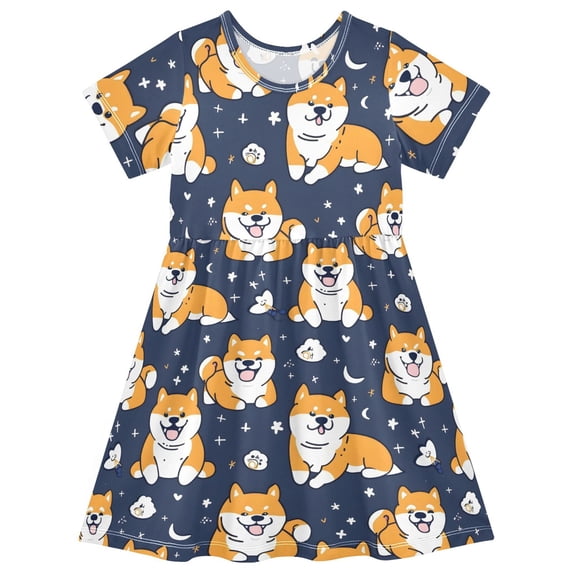 Corgi Girls Short Sleeve Dress A Line Sun Protection Breathable Comfort Sundress 4T