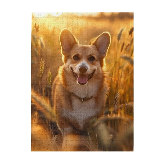 Corgi Golden Field Sunset 500-Piece Wooden Jigsaw Puzzle for Adults, Fun & Challenging Family Brain-Teaser, Perfect Home Decor & Gift