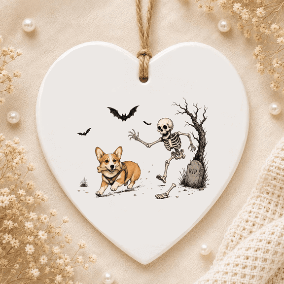 Corgi Halloween Ornament Funny Skeleton Dog Ornament Spooky Welsh Corgi Ornament Corgi Mom Halloween Gift 2D FLAT HEART Ceramic Ornament