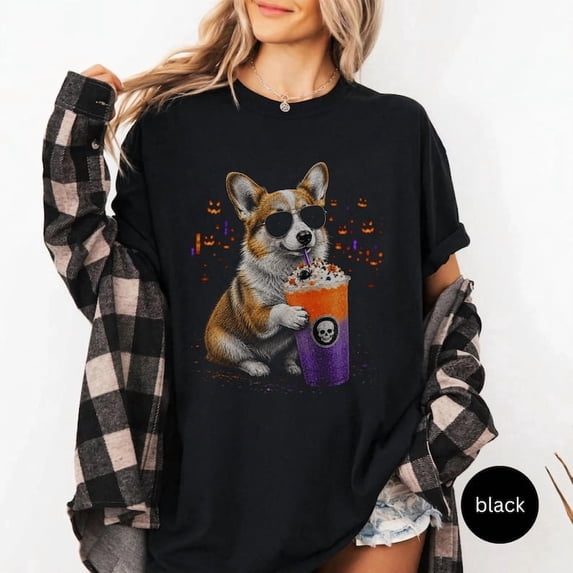 Corgi Halloween Shirt, Spooky Dog Mom Tee, Pumpkin Drink Graphic T-shirt