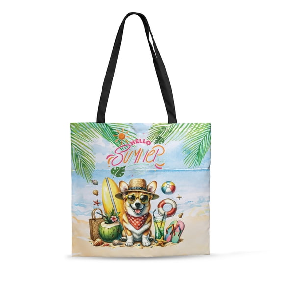 Corgi Hello Summer with Sunglasses and Surfboard Tropical Vibes All Over Print 3D Canvas Tote Bag Welsh Corgi Dog Lover Gifts Idea Reusable Handbag - 00007