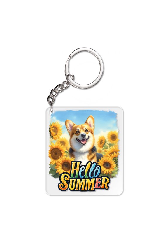 Corgi Hello Summer Sunshine Sunflowers Spring Retro Vintage Acrylic Keychain Welsh Corgi Dog Lover Gifts Idea Collar Charm Tag Keyring - 00008