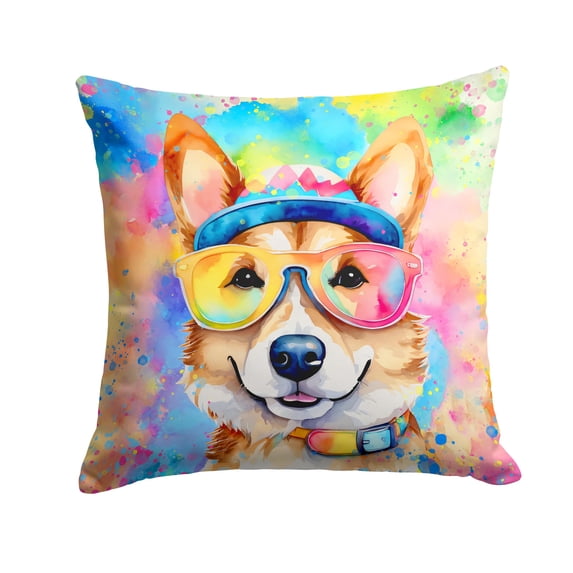Corgi Hippie Dawg Fabric Decorative Pillow 14 in x 14 in