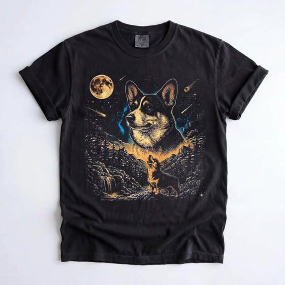 Corgi Howling at the Full Moon Graphic T-Shirt, Vintage 90s Retro Dog Lover Tee, Funny Corgi Mom Gift