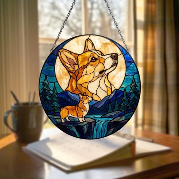 Corgi Howling to The Moon Glass Suncatcher, 90s Retro Animal Window Decor, Silly Dog Mom, Full Moon Corgi Silhouette, 3.5 in