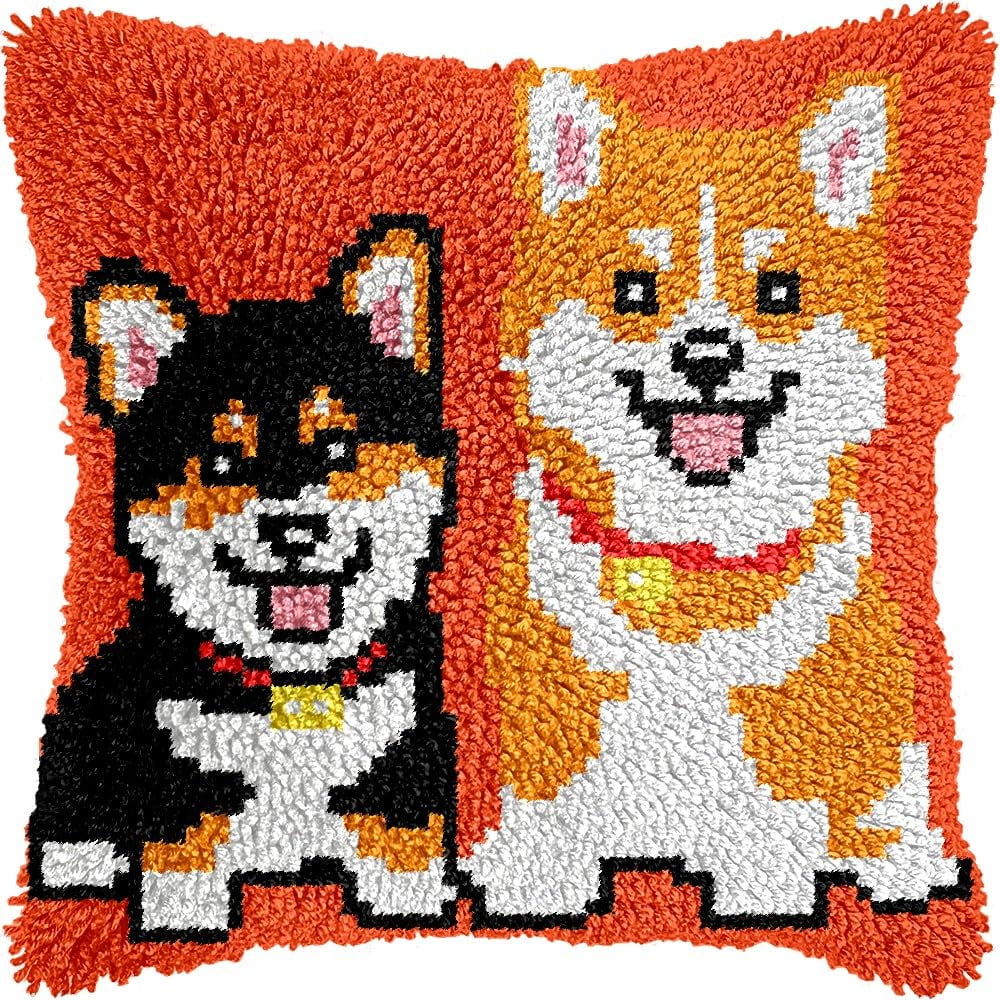 Corgi & Husky Latch Hook Pillow Cover Kits for DIY Handmade Throw Pillow Cross Stitch Latch Hooking Pillowcase Kits with Preprinted Color Pattern Canvas Crochet Yarn Kits 17''X 17''(8-134)
