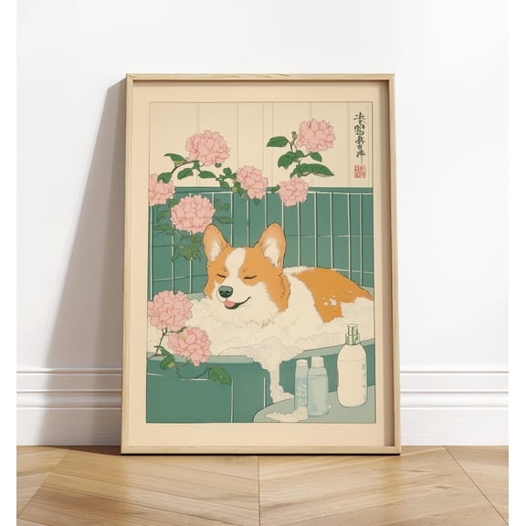 Corgi In Bathtub, Japanese Bathroom Wall Art, Japandi Poster, Dog Lover Gift, Neutral Wall Art, Spa Decor Wall Art, Modern Wall Decor, 8x12 UNFRAMED