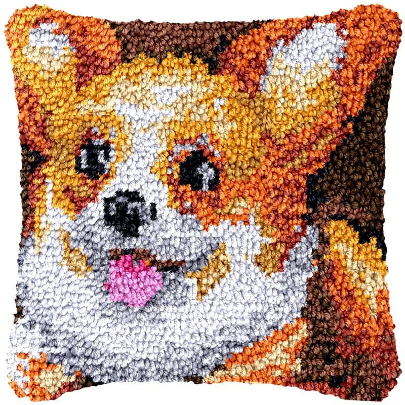 Corgi Latch Hook Pillow Cover Kits for DIY Handmade Throw Pillow Cross Stitch Latch Hook Pillowcase Rug Kits with Preprinted Color Pattern Canvas Crochet Yarn Kits 17''X 17''(fv4)