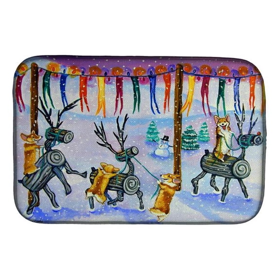 Corgi Log Reindeer Race Christmas Dish Drying Mat