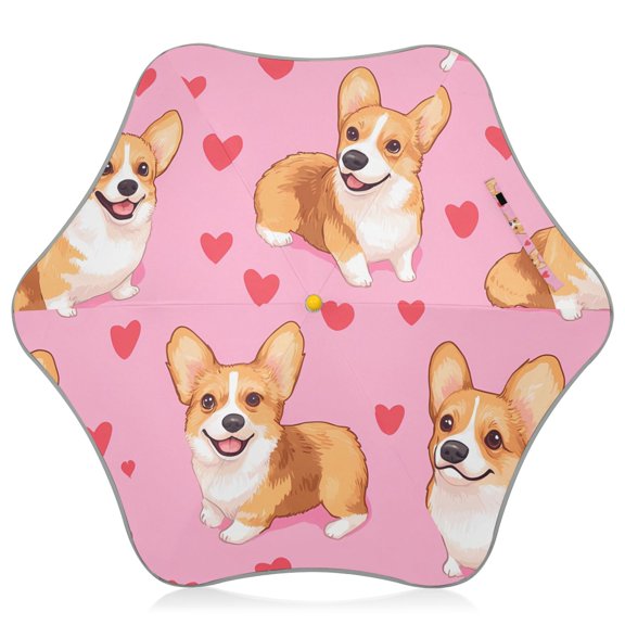 Corgi Love Heart Pattern Kids Umbrella Rain Umbrella Clear Grip Handle Folding Umbrellas UV50+ 35in