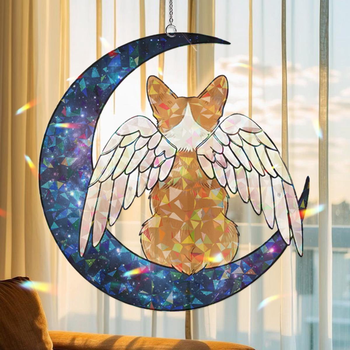 Corgi Moon Hologram Acrylic Suncatcher Angel Wing Celestial Dog Prism Window Hanging Gift