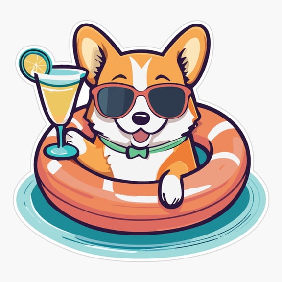 Corgi On Pool Float Animal Art Vinyl Decal Sticker